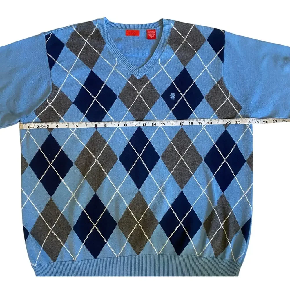 Vintage 90s Y2K Izod Diamond V-Neck Blue Sweater Size XL 100% Cotton Preppy